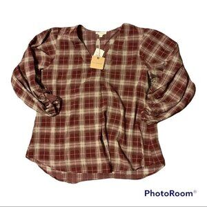 Blu Pepper Plaid Balloon Sleeve Blouse